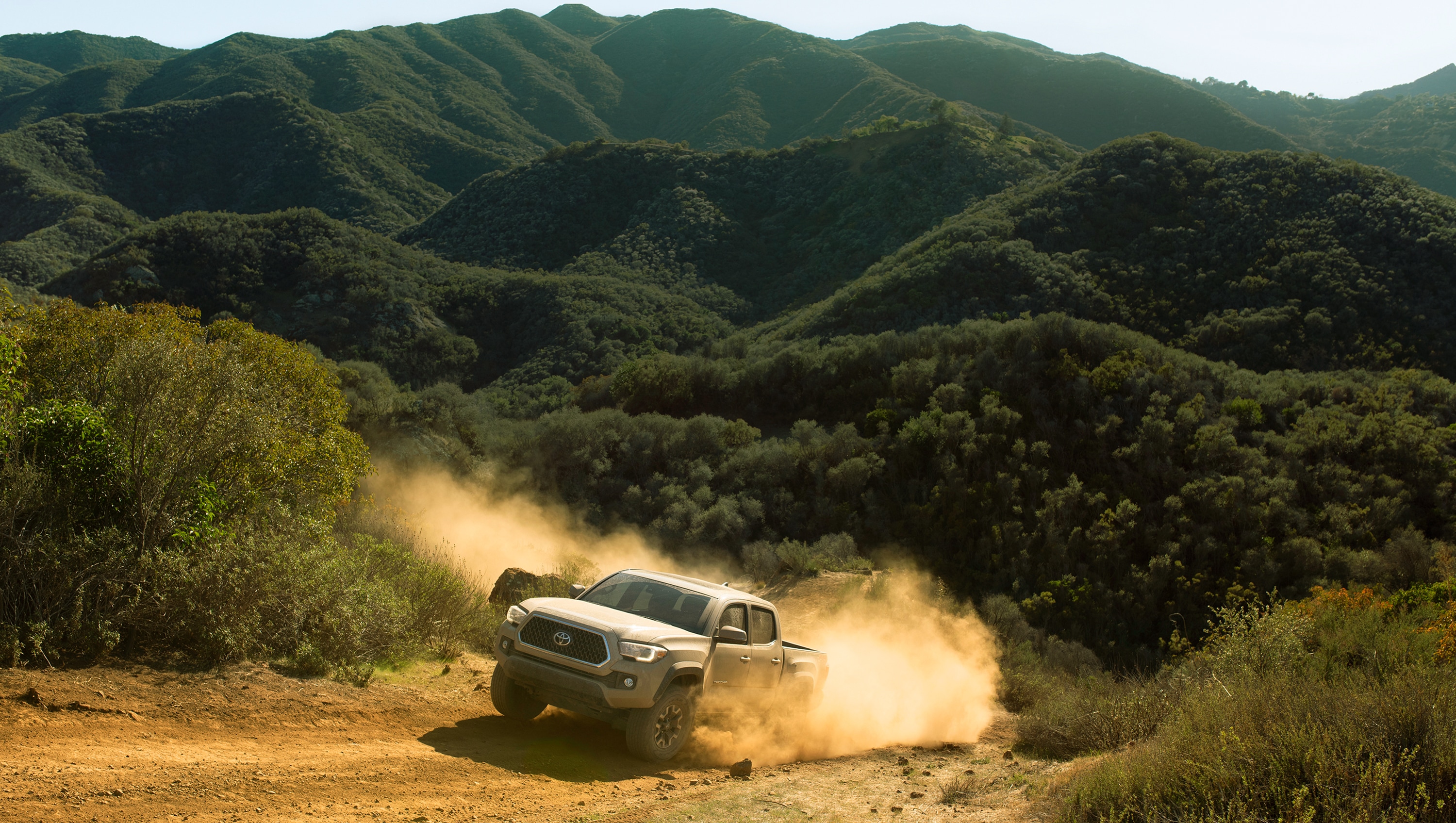 Toyota Tacoma driving on a dirt road surrounded by green trees