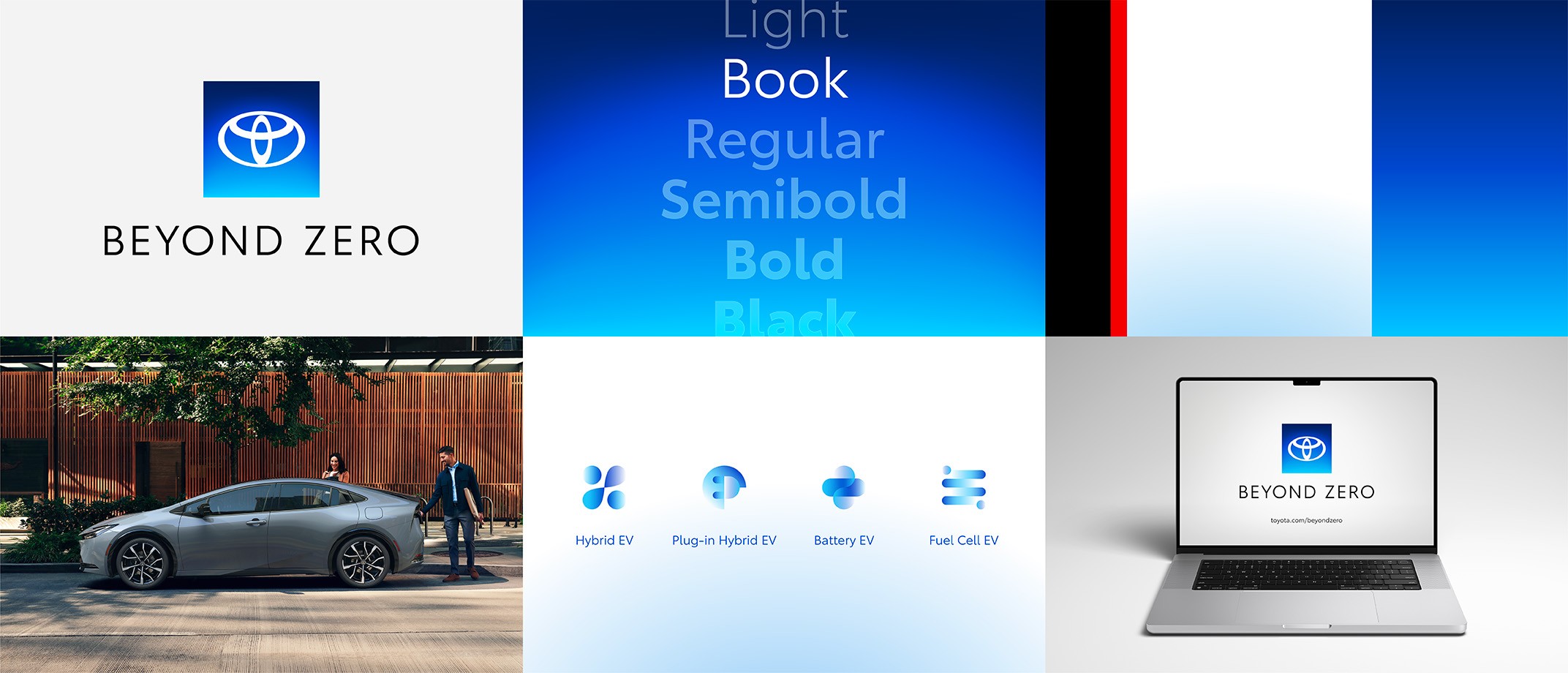 Collage of image blocks showing from left to right, the Beyond Zero logo, a list of font weight with “Book” highlighted, color blocks of Beyond Zero colors, an image of an electrified vehicle, Beyond Zero illustrated graphics and a laptop with the Beyond Zero endtag on the screen.