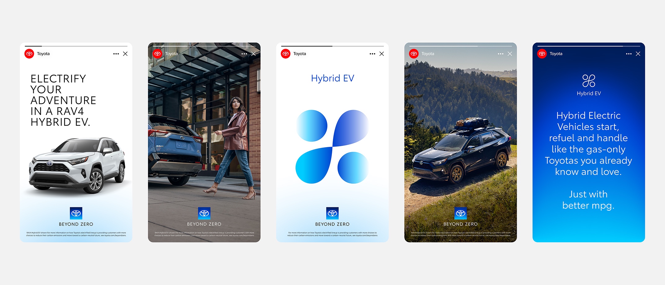 A horizontal array of social media screens showing Beyond Zero ads, imagery and graphics on a variety of gradient backgrounds.