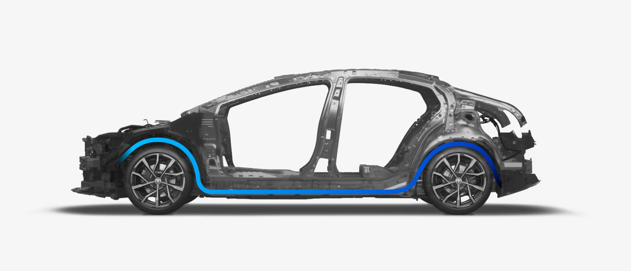Frame of an electrified vehicle with a blue gradient line running along the wheels and bottom of vehicle.