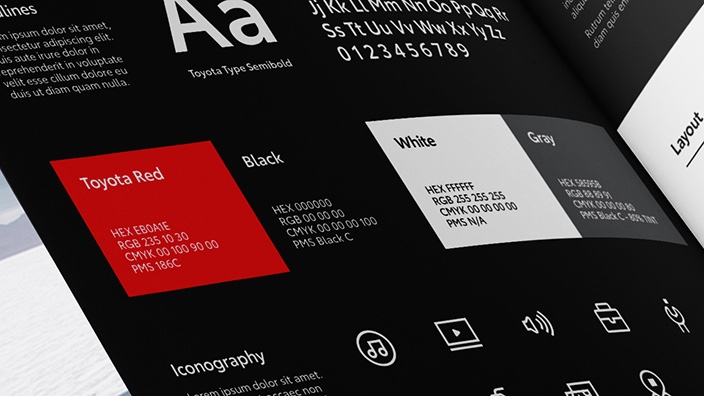 A page with color swatches, font samples and iconography.
