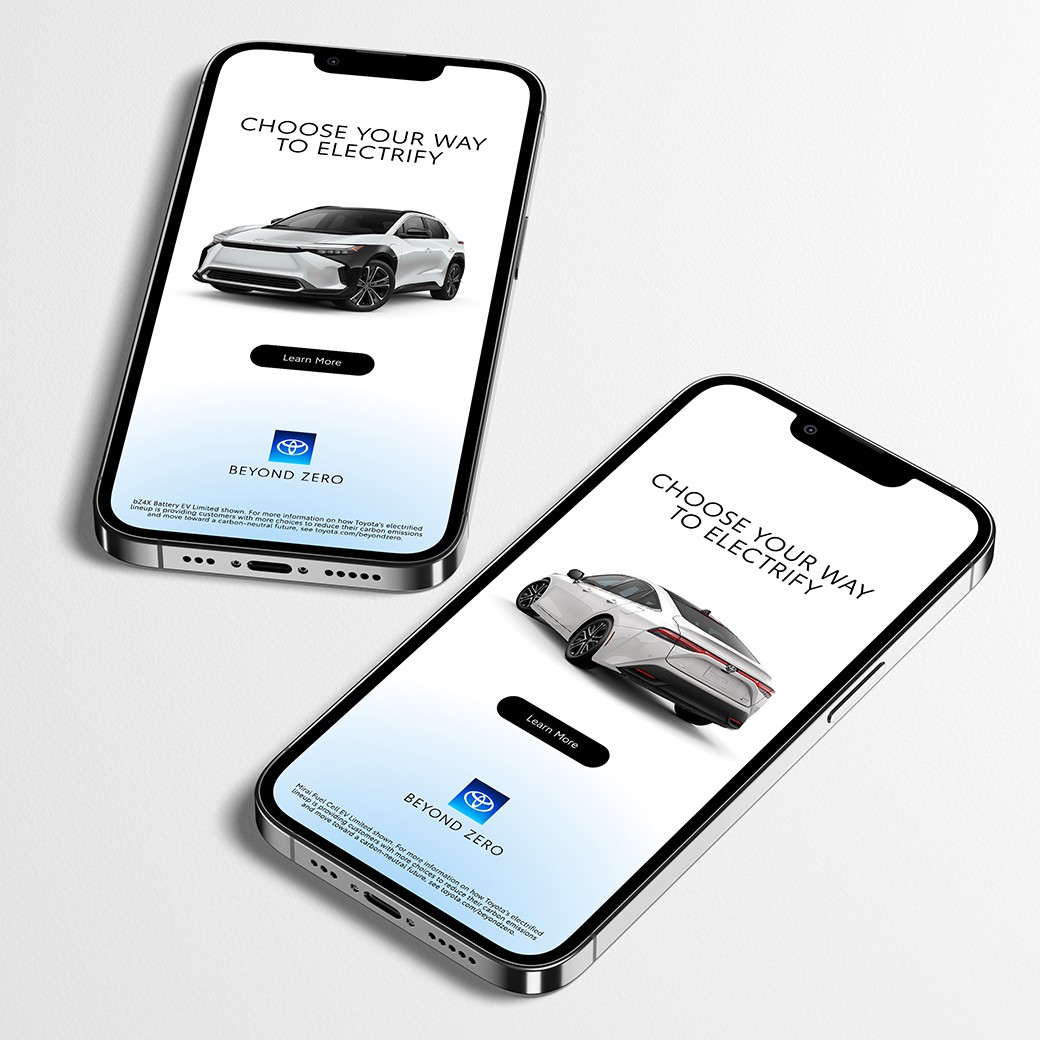 Two iPhones on a white background with Beyond Zero ads and webiste displayed on screens.