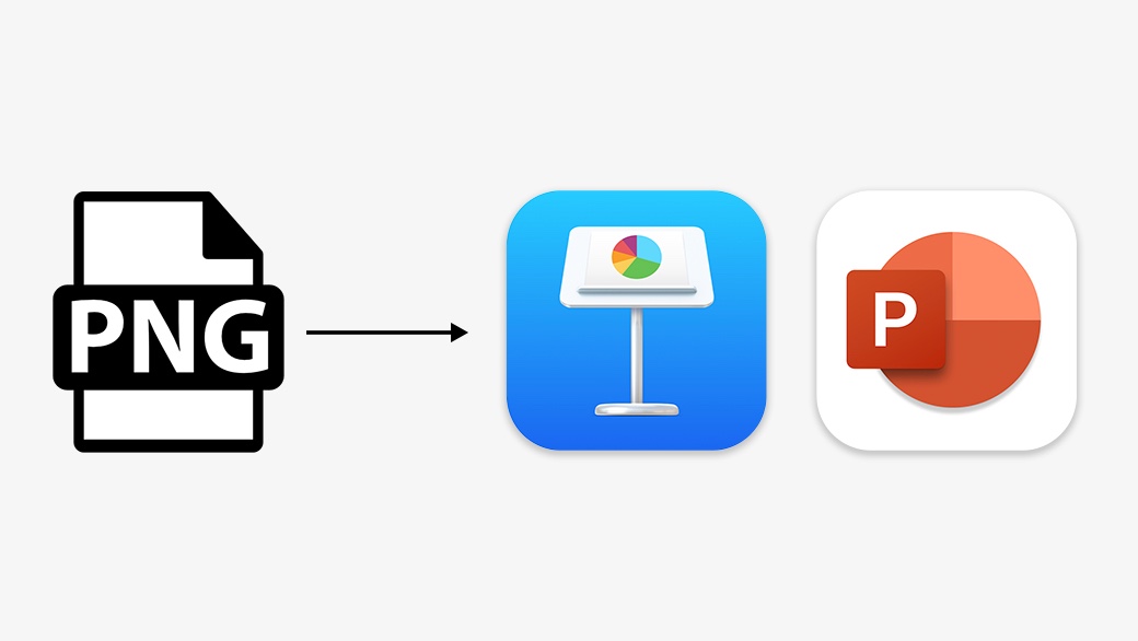 A PNG icon with an arrow that points to Keynote and Powerpoint icons.