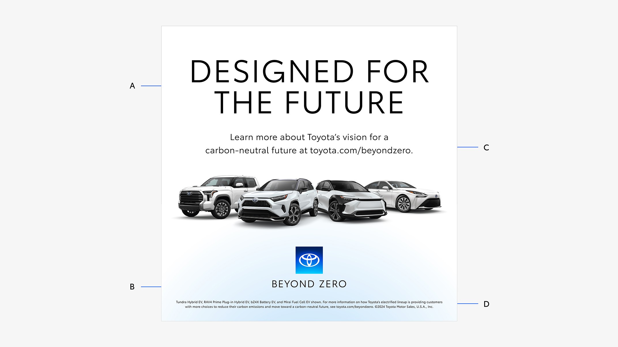 An example Toyota ad with a white background. It shows from top to bottom: a headline, subhead, four white electrified vehicles, the Beyond Zero logo, and the disclaimer.