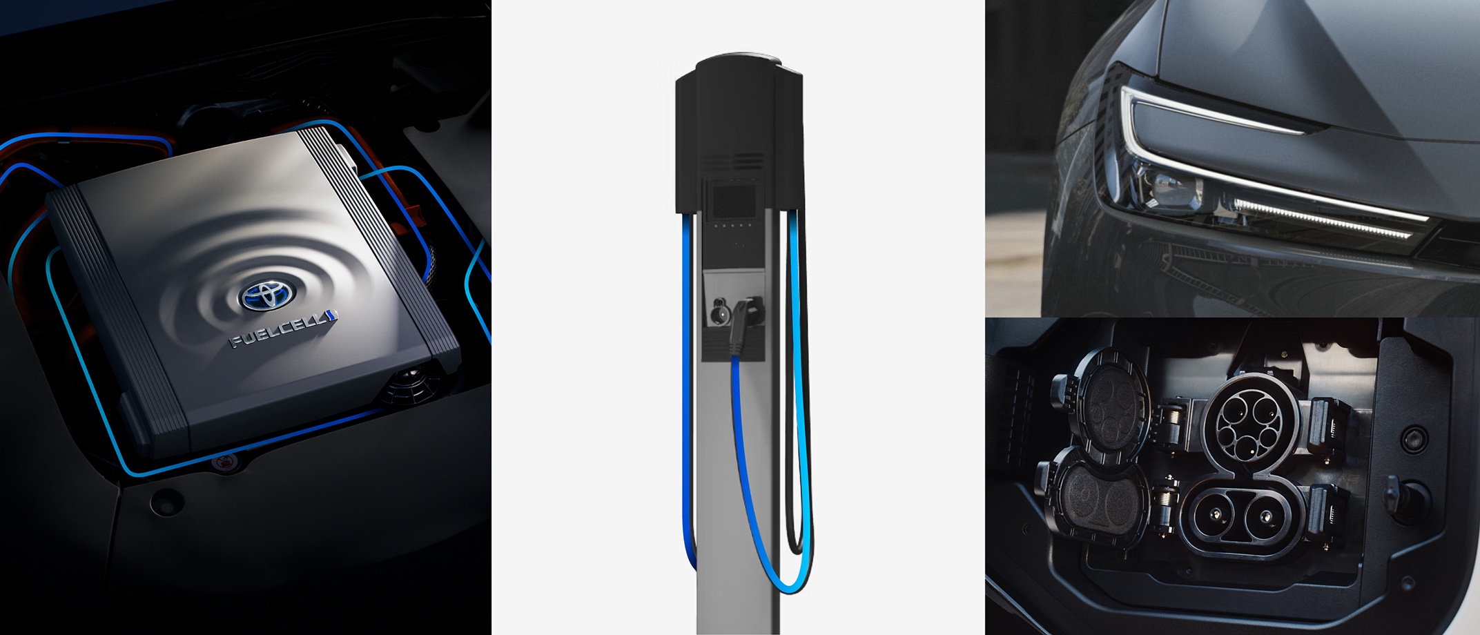 An array of detail images showing from left to right a fuel cell battery, an electric plug-in station and and a closeup of a vehicle charing port.