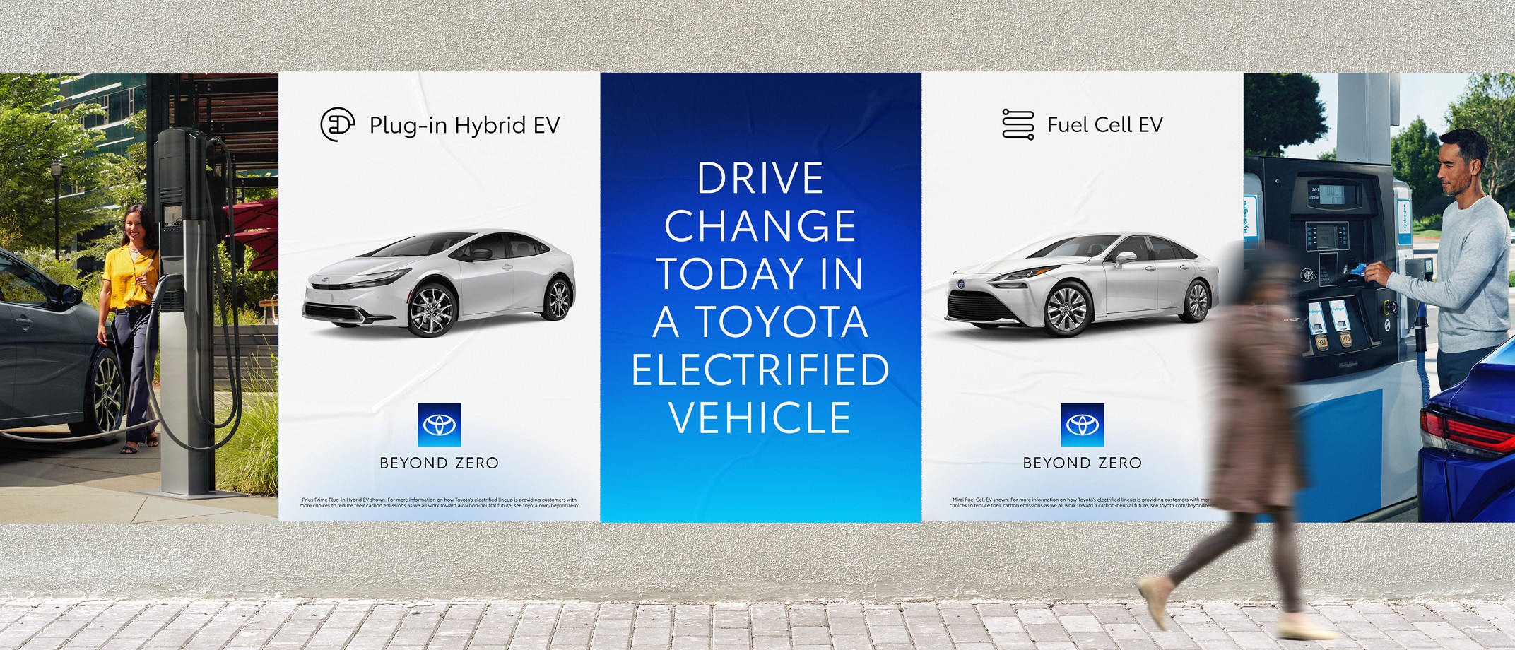 Image a woman skateboarding on the sidewalk in front of an array of Beyond Zero signage.