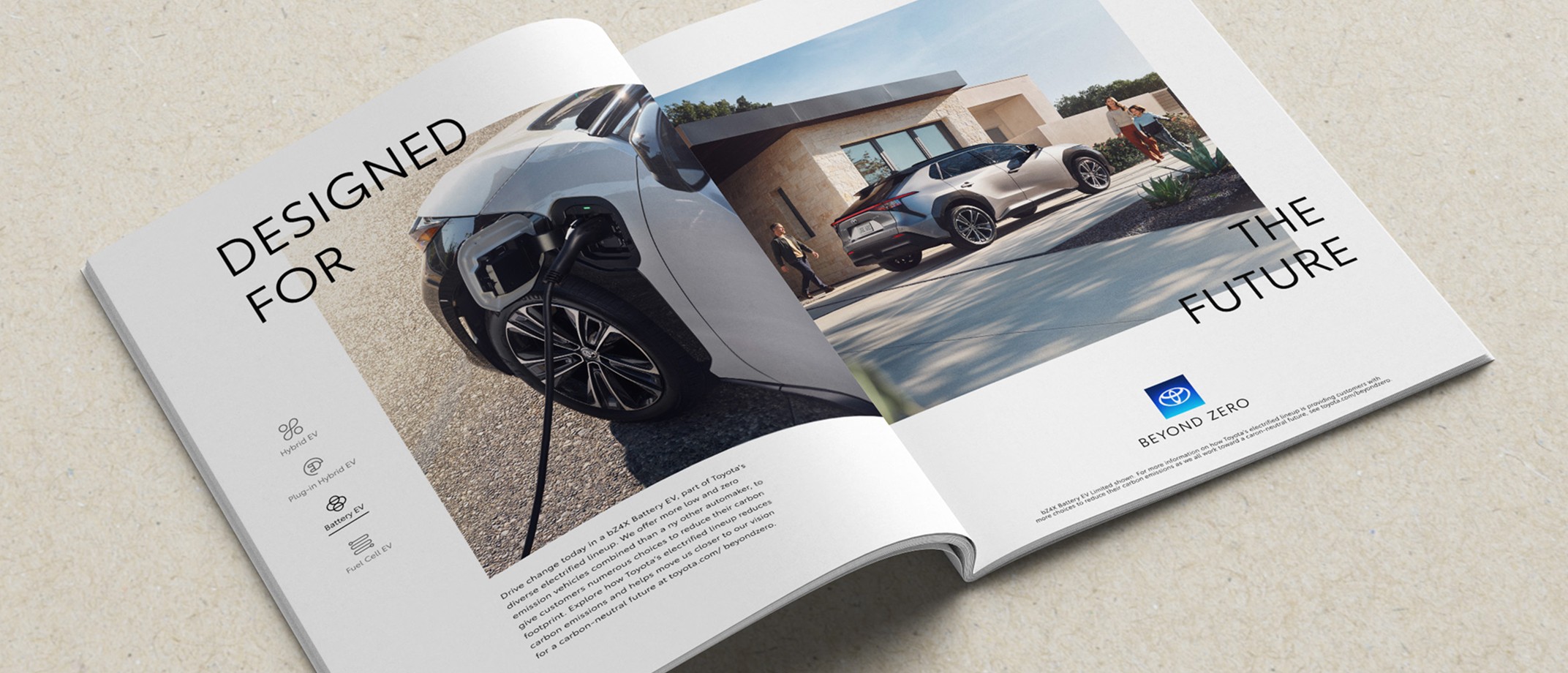 Open magazine displaying a Beyond Zero ad with a horizontal arrangment of powertrain icons on the left of the layout. The Battery EV type under the icon is underlined to highlight the Mirai featured in imagery. 