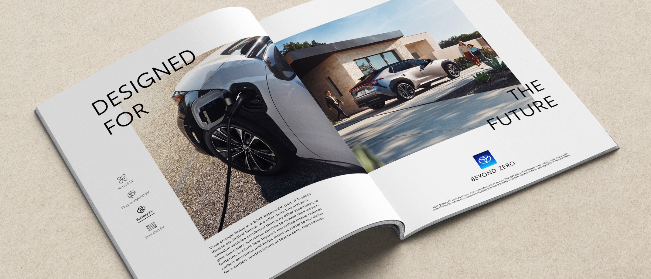 Open magazine displaying a Beyond Zero ad with a horizontal arrangment of powertrain icons on the left of the layout. The Battery EV type under the icon is underlined to highlight the Mirai featured in imagery. 