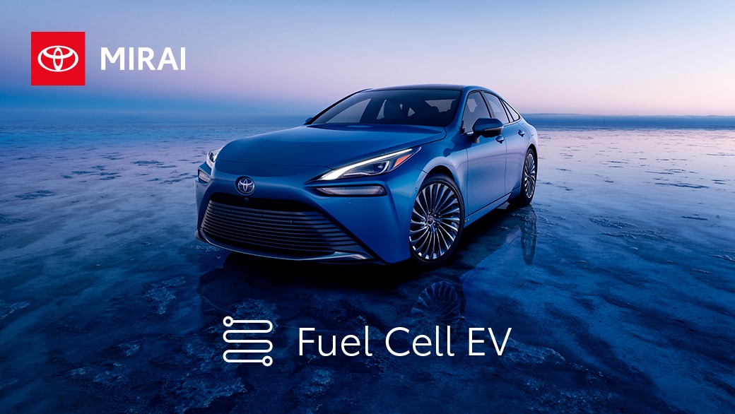 Correct example of icon usage that shows an image of a Mirai with the Fuel Cell EV icon and nomenclature below and the Mirai vehicle logo in the top left corner.