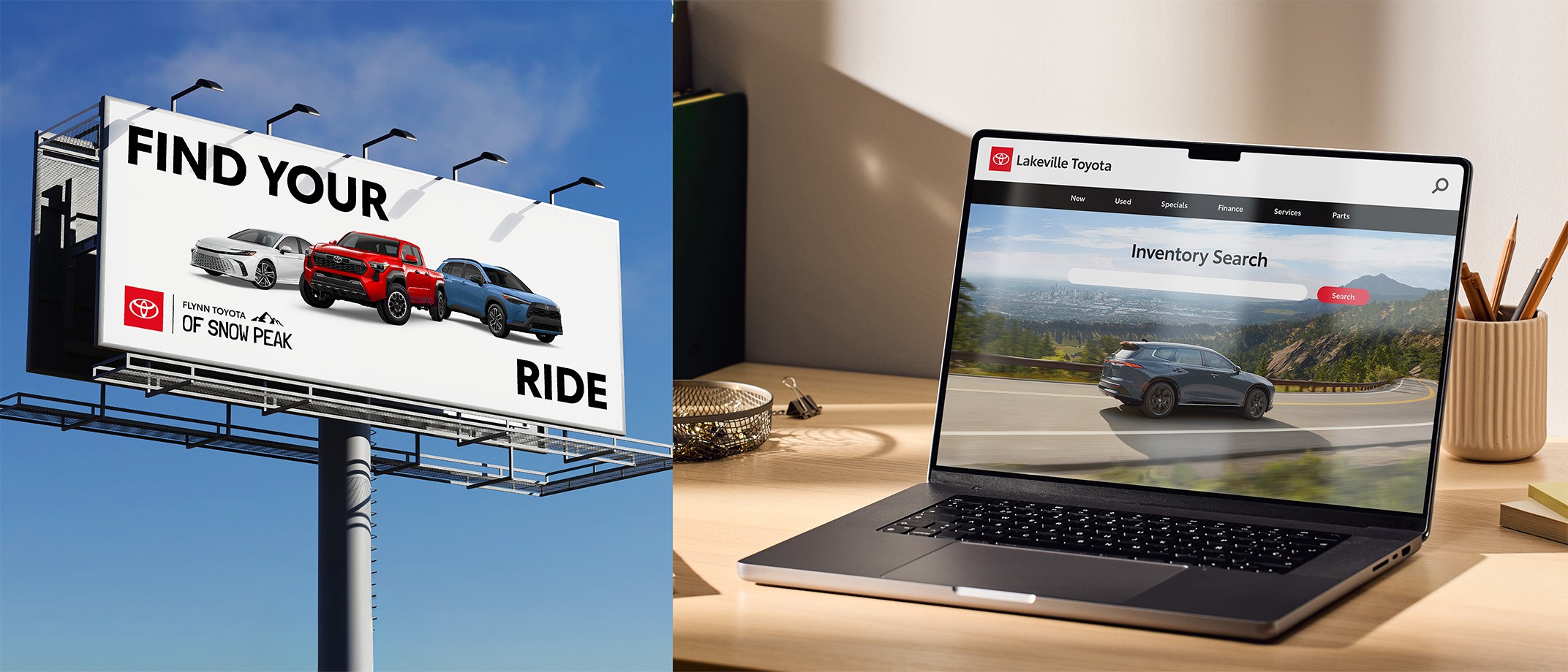 An image of a dealership billboard with a dealer co-brand logo in the bottom left. Next to this image is an image of a laptop screen with a dealership website and a typeset dealer logo in the top left navigation.