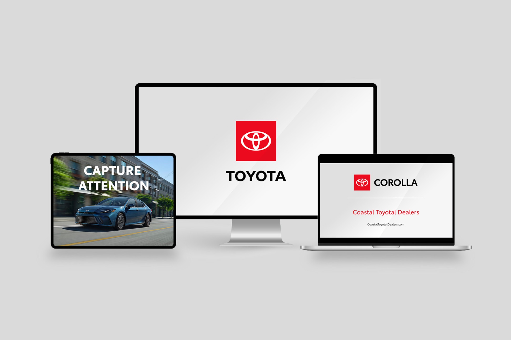 Videos of Toyota end tags and an animated super play within the screens of an iPad, computer and laptop.