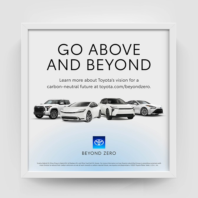 A framed Beyond Zero ad showing the headline “Go Above and Beyond” with body text, and at the bottom the Beyond Zero logo with the disclaimer.