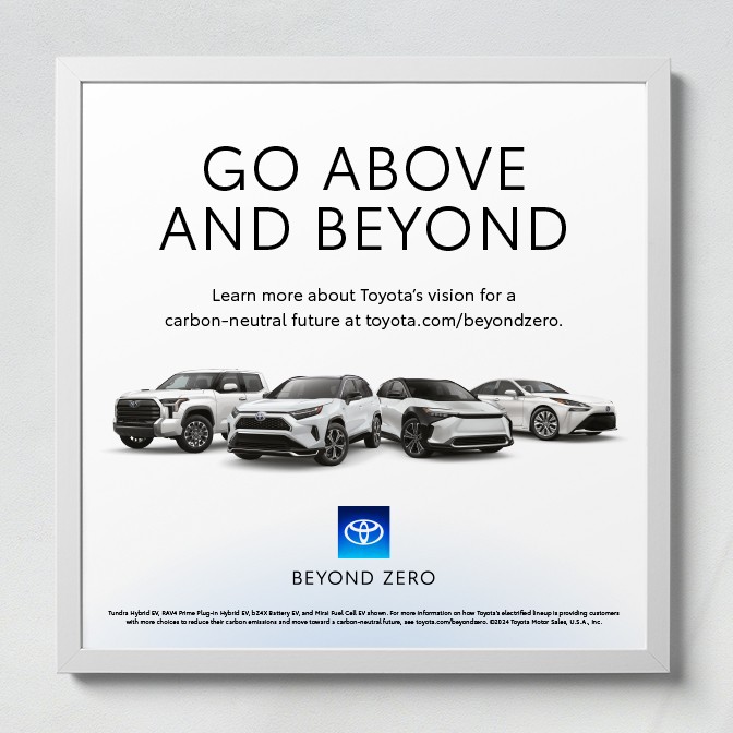 A framed Beyond Zero ad showing the headline “Go Above and Beyond” with body text, and at the bottom the Beyond Zero logo with the disclaimer.