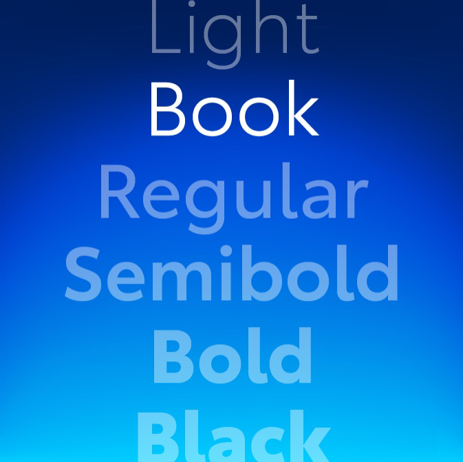 Blue gradient with a list of Toyota Type font weight. Book weight is highlighted.