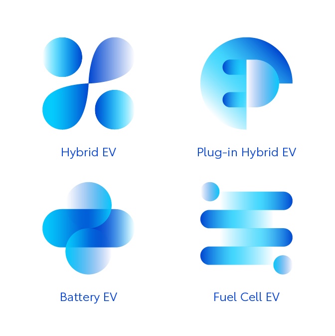 Beyond Zero illustrated graphics representing the four powertrains with the corresponding name of each in Medium Blue text below.