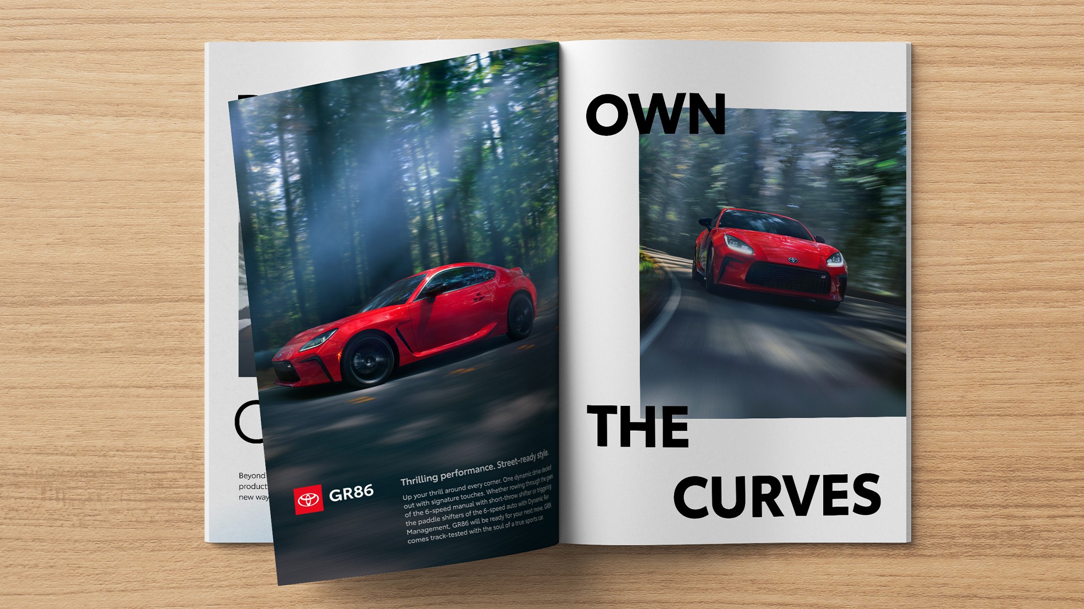 A slider divides an image of a Toyota ad in a magazine. The slider moves back and forth to show a layout grid of the ad and then the finished layout with imagery.