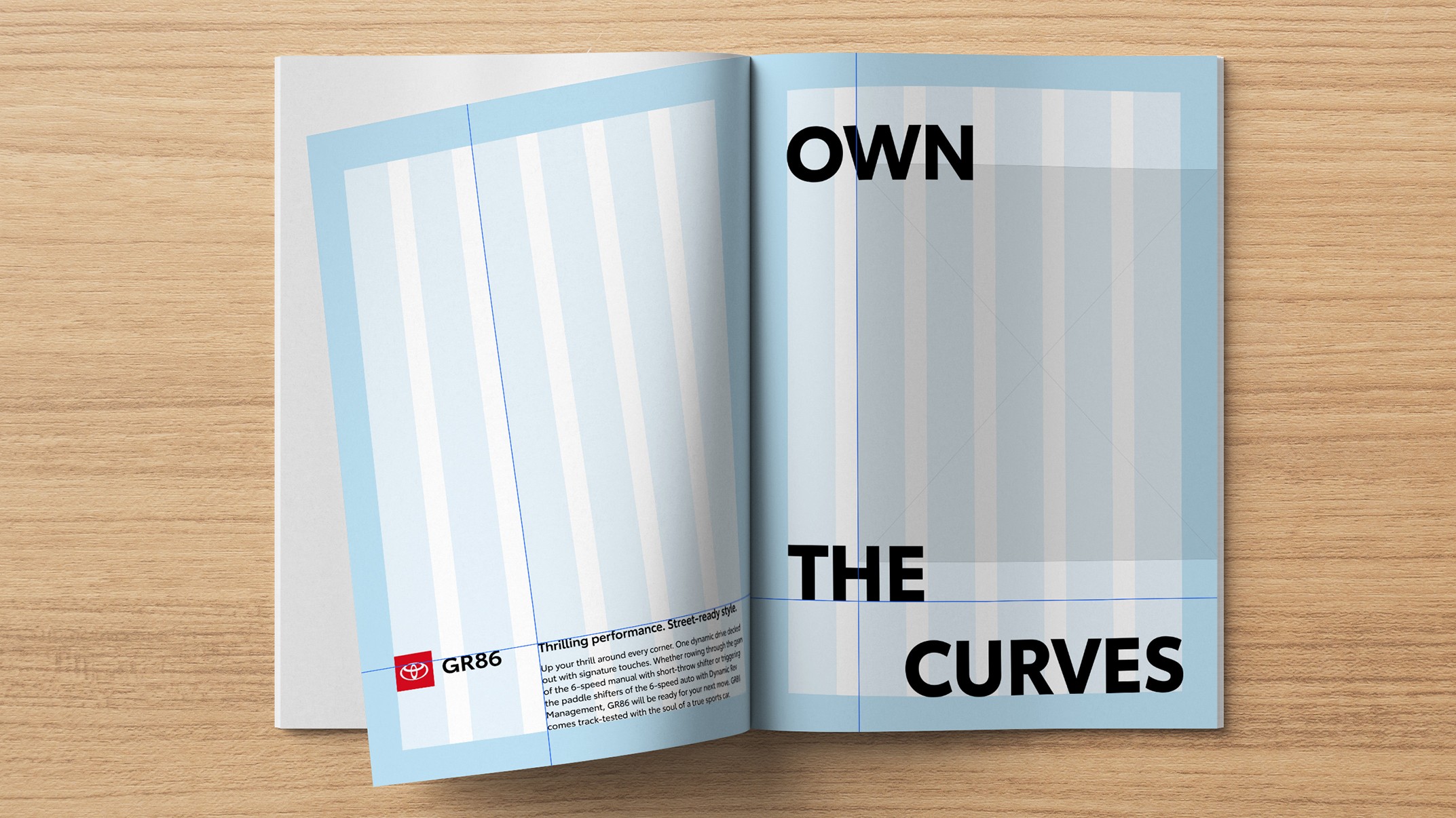 A slider divides an image of a Toyota ad in a magazine. The slider moves back and forth to show a layout grid of the ad and then the finished layout with imagery.