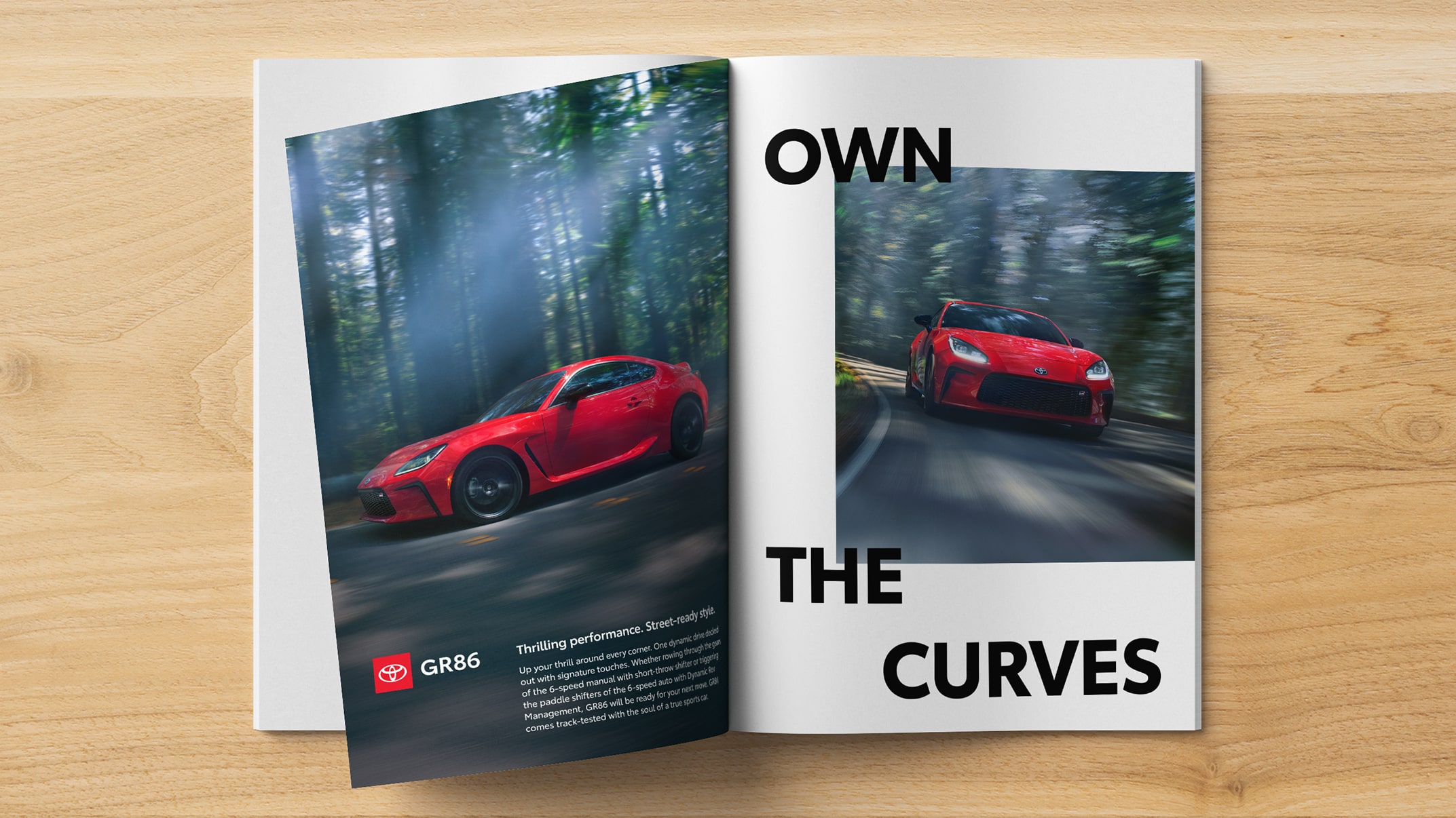 A slider divides an image of a Toyota ad in a magazine. The slider moves back and forth to show a layout grid of the ad and then the finished layout with imagery.