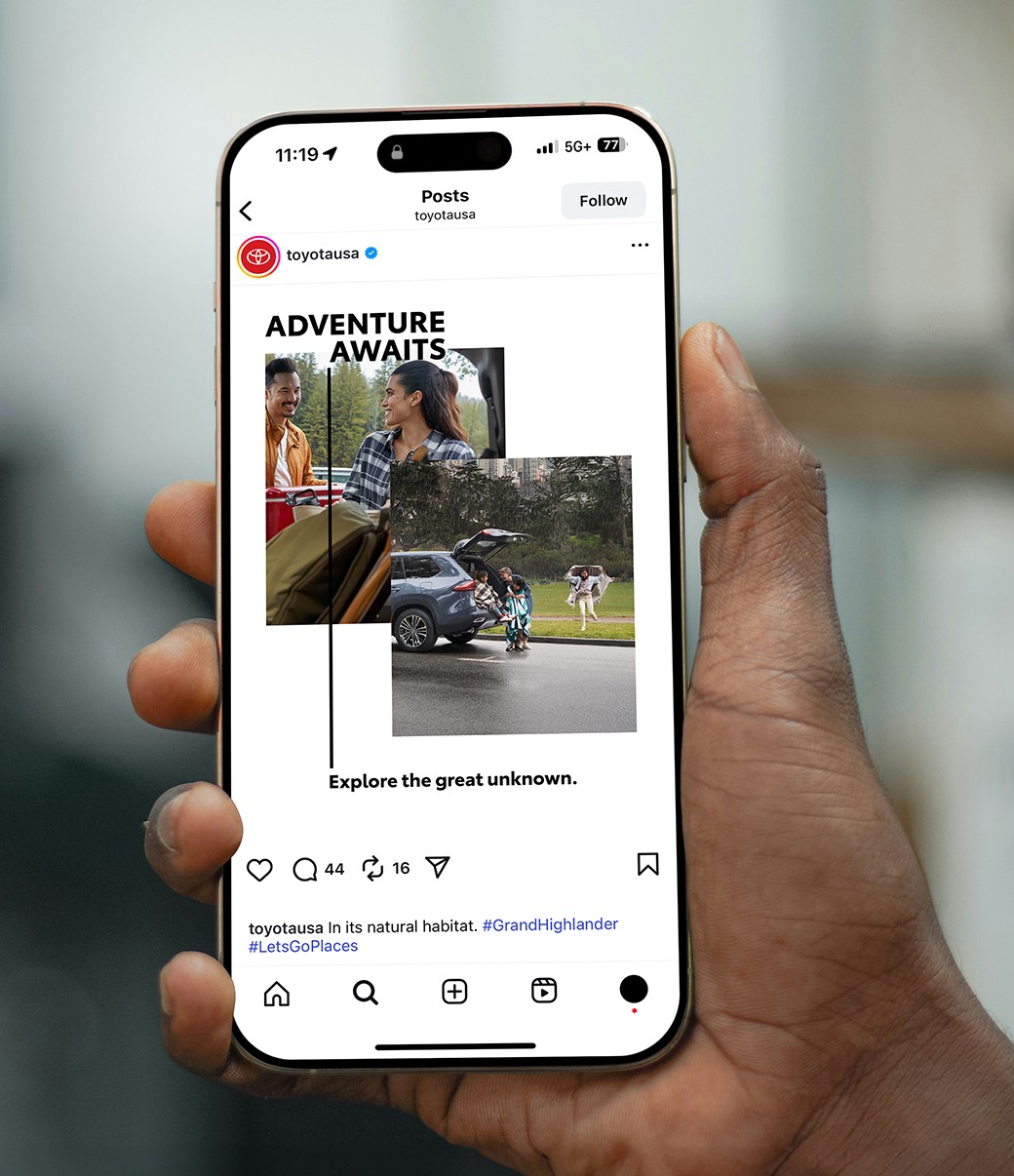 A slider divides an image of a hand holding a phone with a Toyota social media post. The slider moves back and forth to show a layout grid of the post and then the finished post with imagery.