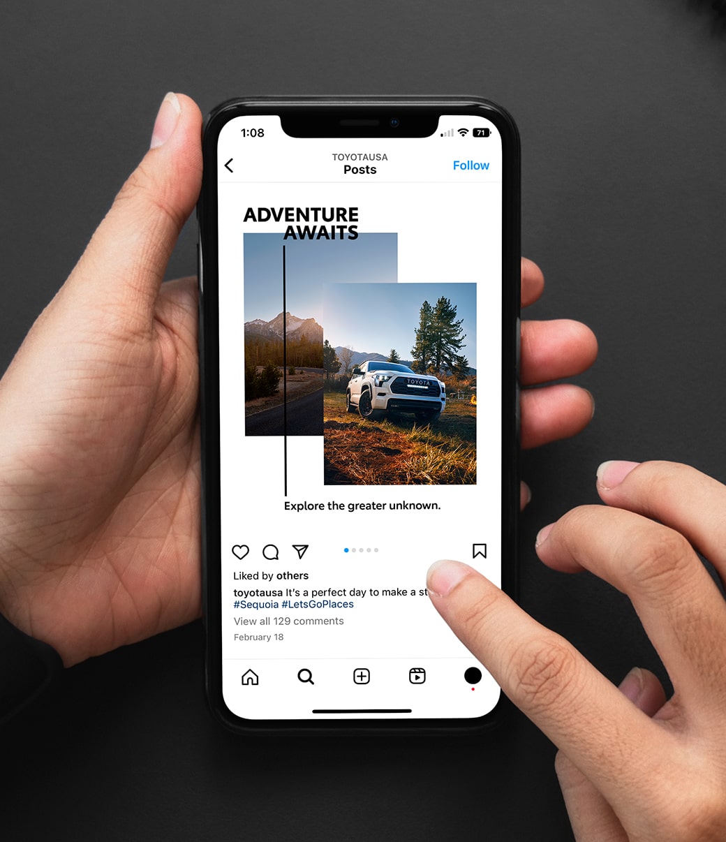 A slider divides an image of a hand holding a phone with a Toyota social media post. The slider moves back and forth to show a layout grid of the post and then the finished post with imagery.