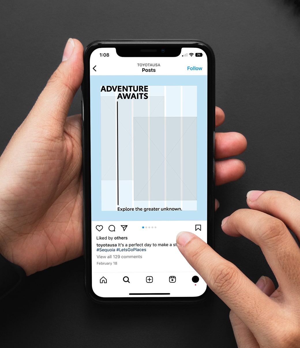 A slider divides an image of a hand holding a phone with a Toyota social media post. The slider moves back and forth to show a layout grid of the post and then the finished post with imagery.