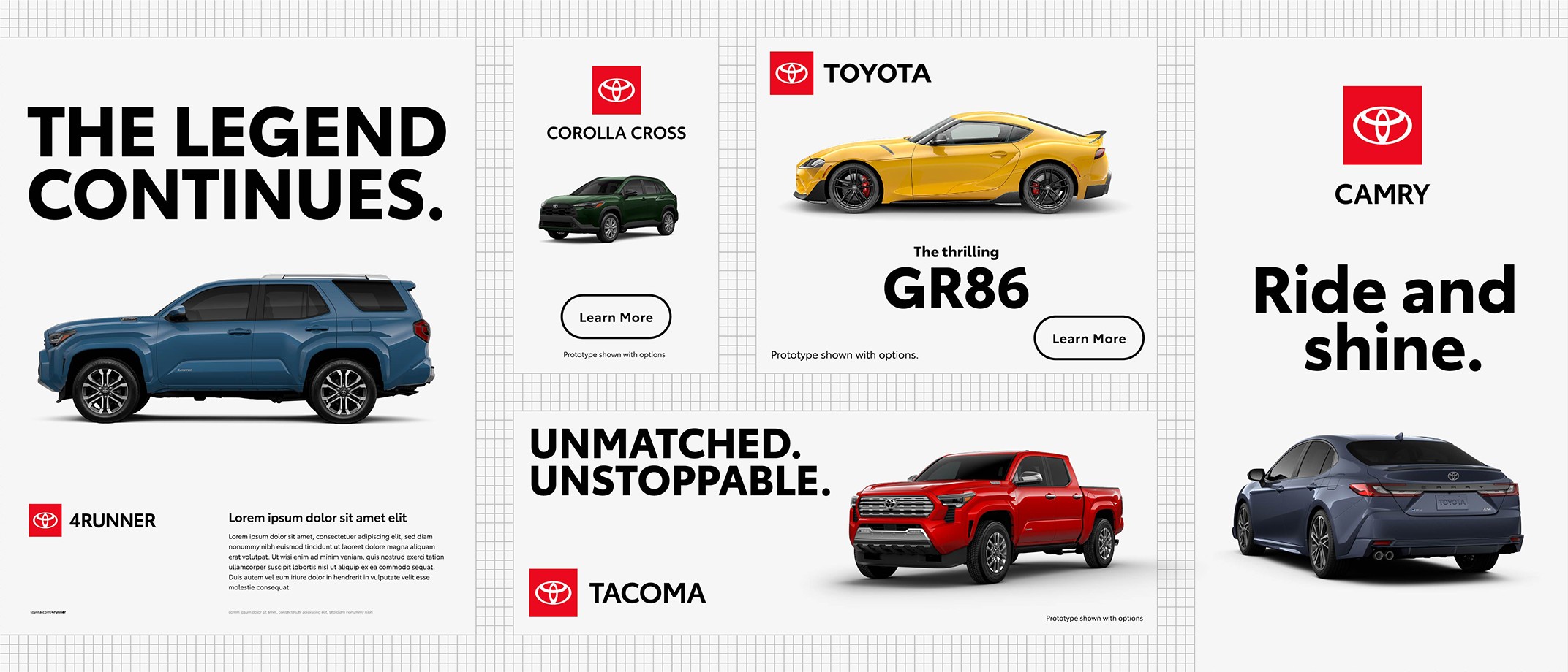 A layout of different Toyota vehicle ads.