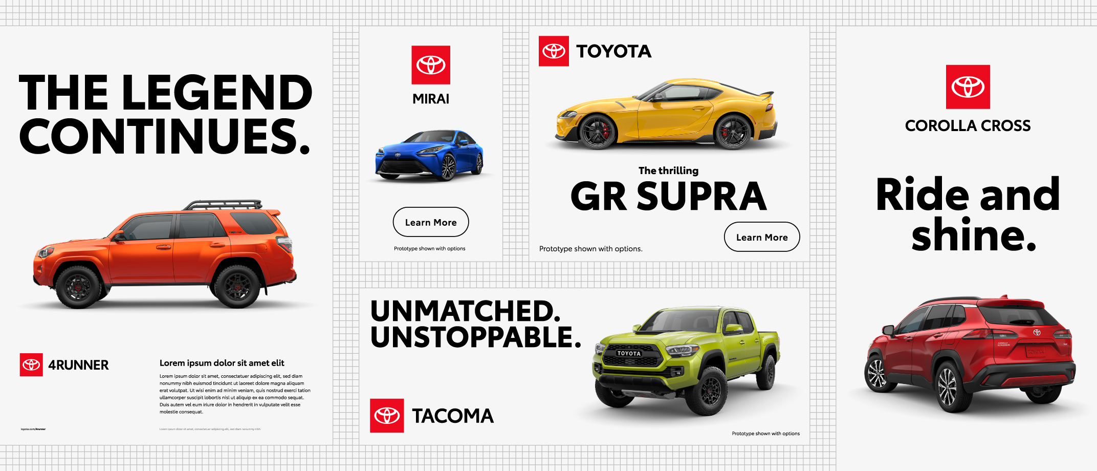 A layout of different Toyota vehicle ads.