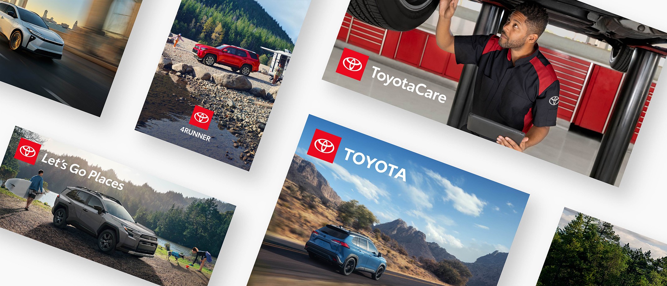 A collage of multiple Toyota ads with different logos.