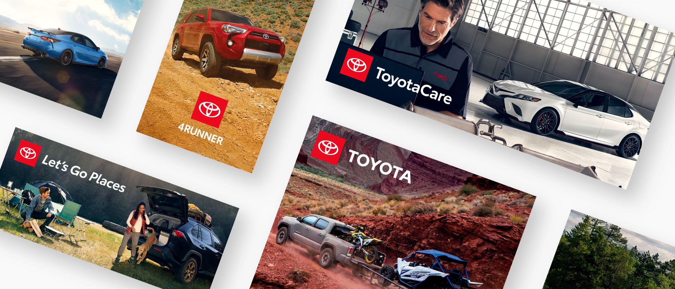 A collage of multiple Toyota ads with different logos.