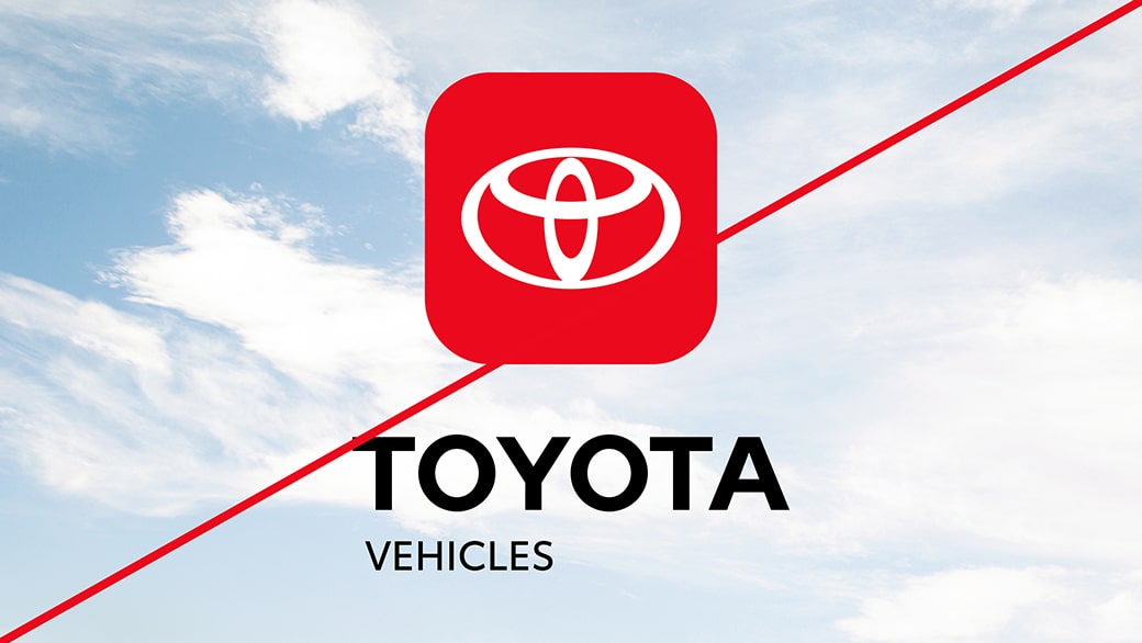 Example ad showing incorrect usage with an altered Toyota logo with round corners and typeset typography that reads “TOYOTA VEHICLES.”