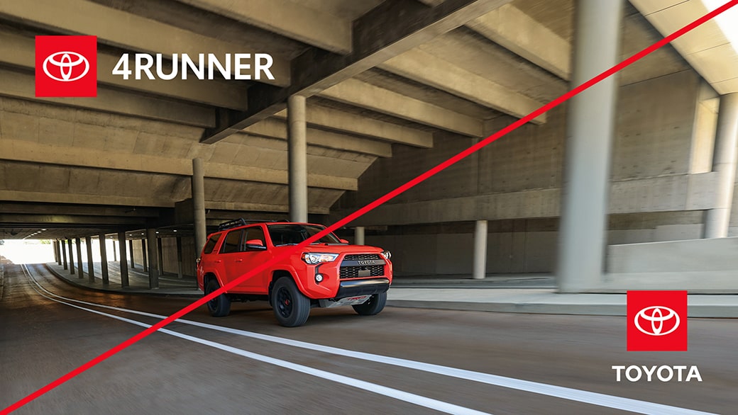 Example ad showing incorrect usage with a 4Runner logo in the top corner and a Toyota logo in the bottom corner.