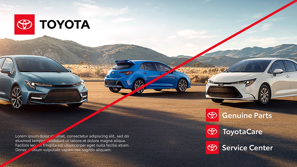 An example ad showing incorrect usage with the Toyota logo in the upper corner and 3 different sub- brand logos stacked in the bottom corner.