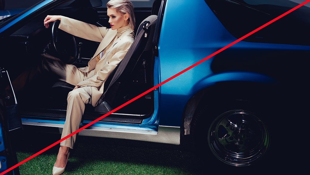 An image of stylish model posed inside a sleek car used as an example of an incorrect narrative.