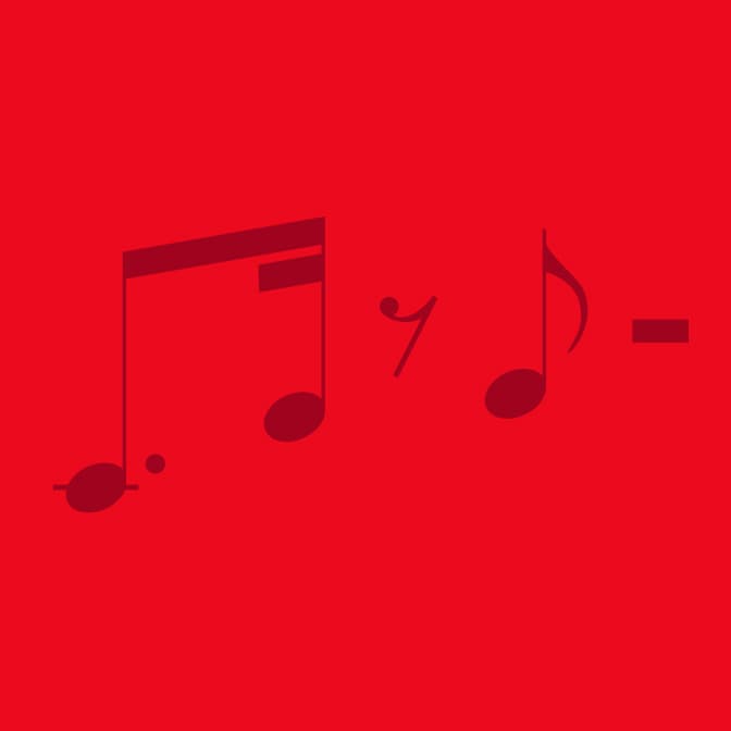 A graphic of musical notes against a red background.