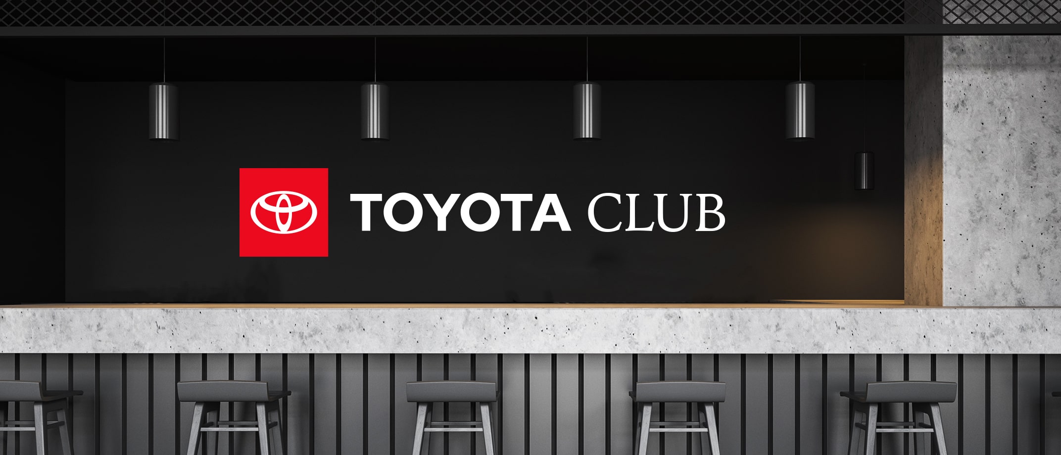 A range of Toyota Type signage examples including a soccer field with signage on the sides of the building, wall signage in a club bar, a signage banner hanging above stands in a  stadium, signage on the entry doors of a large building.