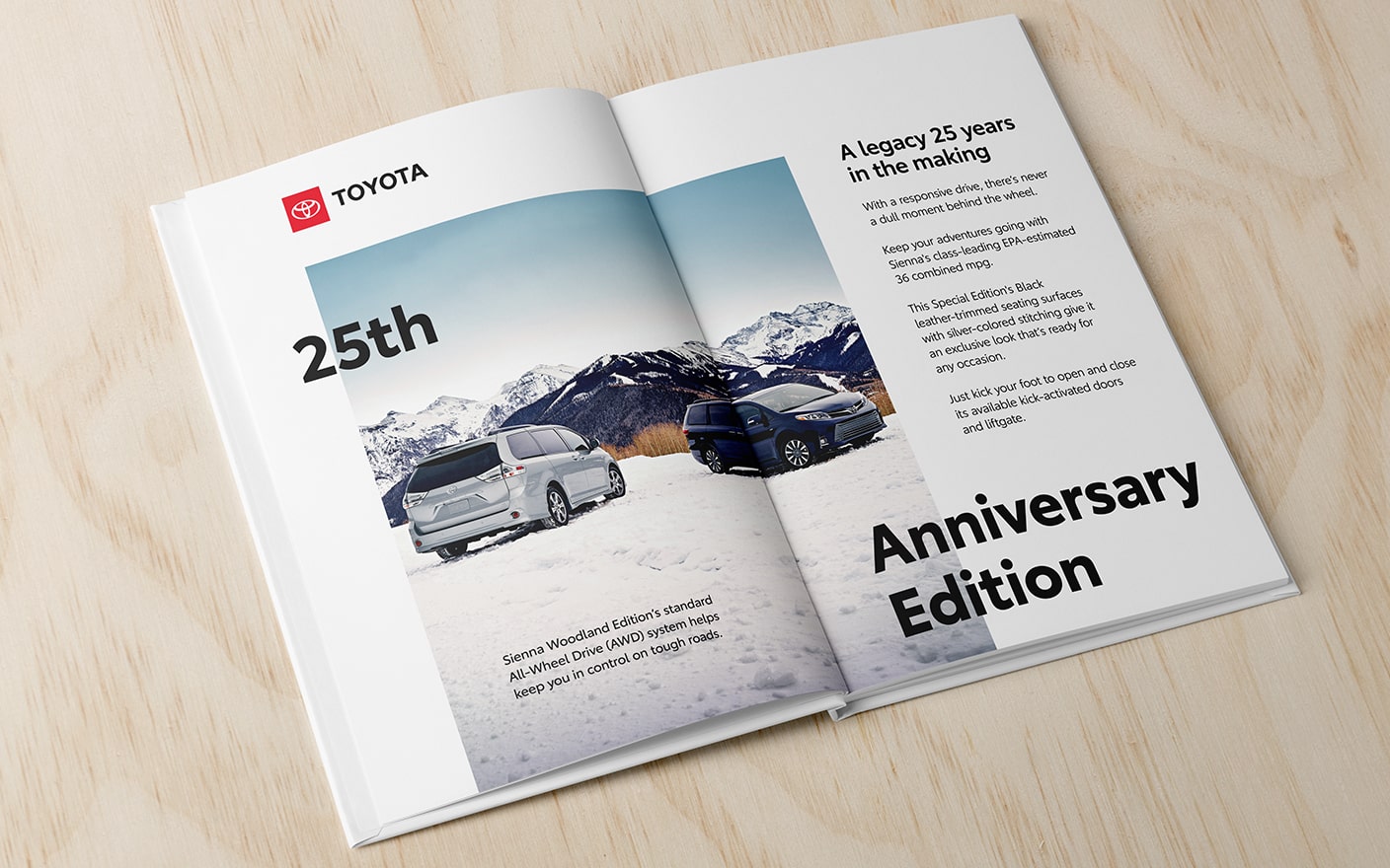 A Toyota magazine ad with various different types of copy blocks and headlines.