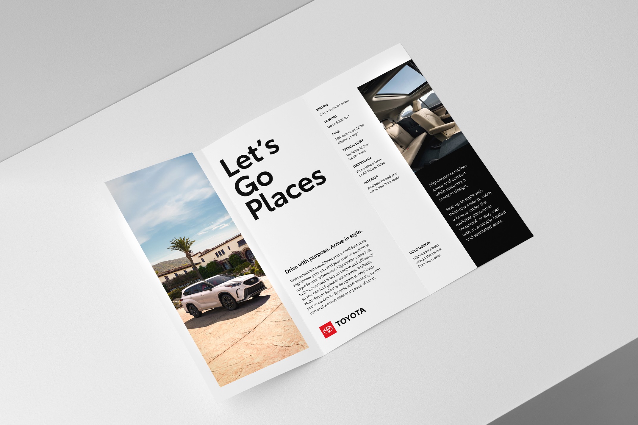 A brochure on a white backdrop. The brochure has imagery, the Toyota logo and copy with the headline “ Let’s Go Places.”