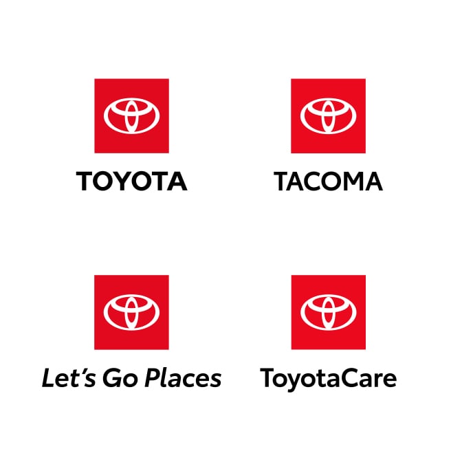 An image of the Toyota logo, Tacoma logo, Let’s Go Places logo and ToyotaCare logo.