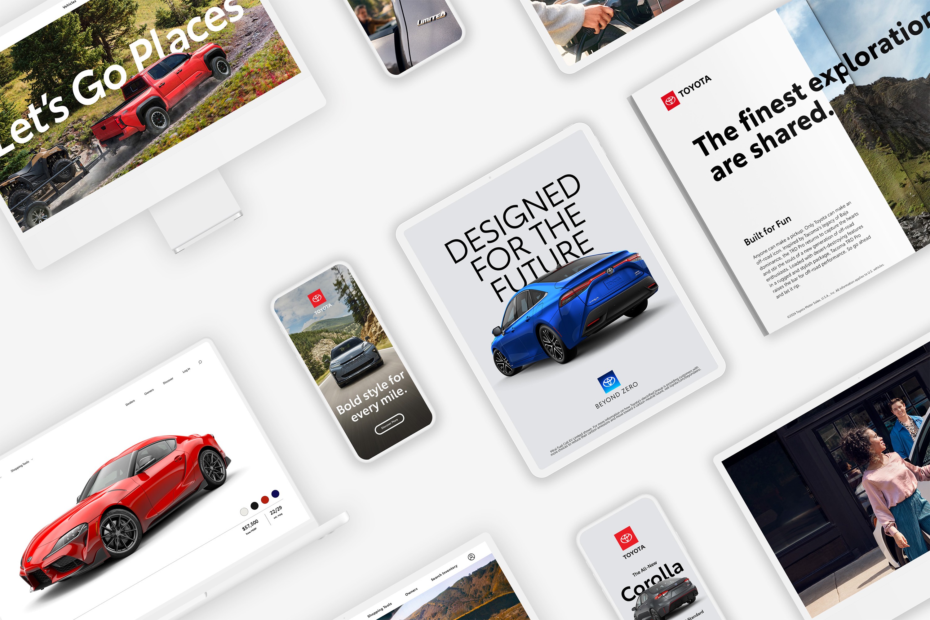 An iPhone, iPad and magazine display images of different Toyota ads and website pages.