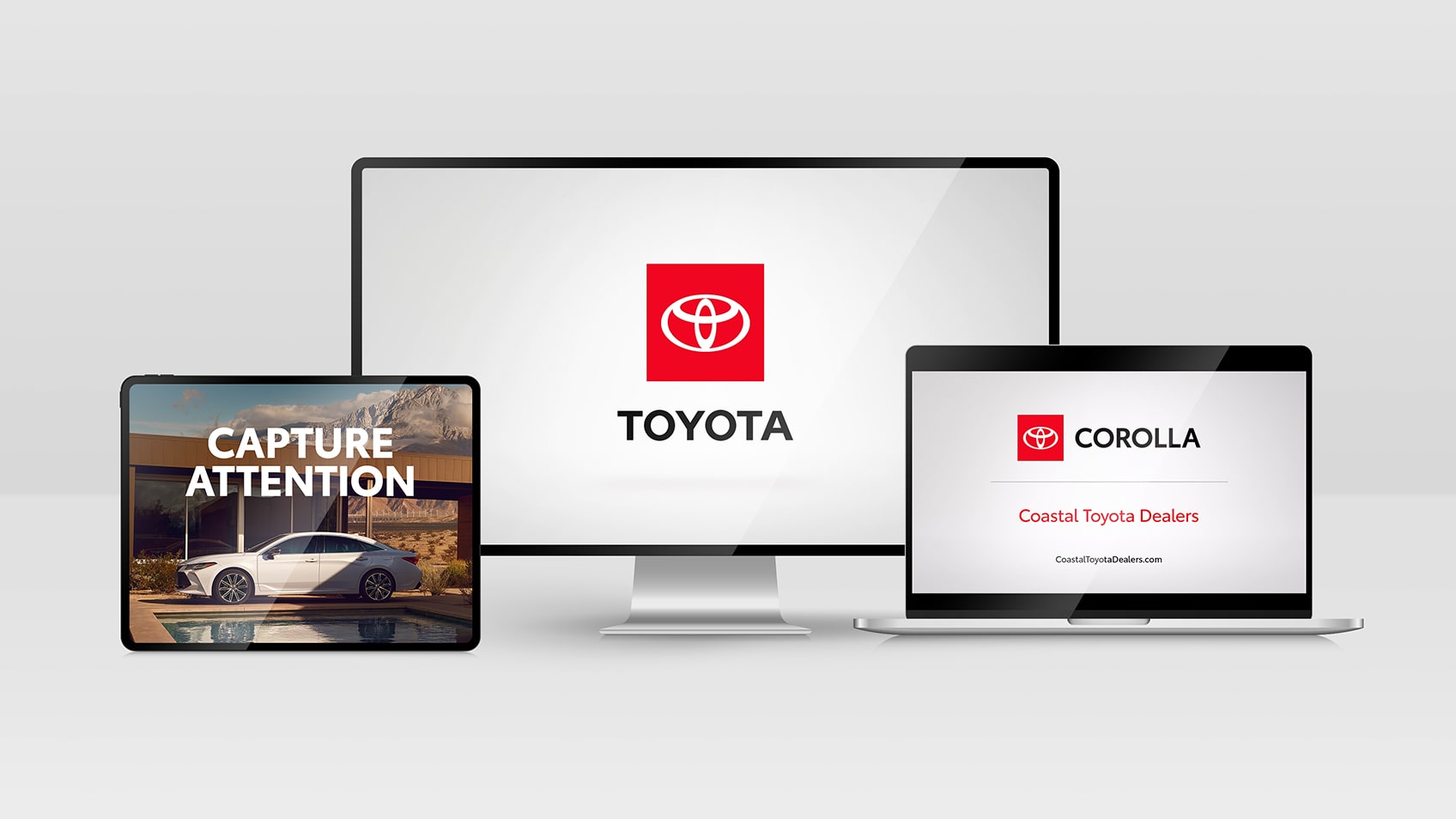 Videos of Toyota end tags and an animated super play within the screens of an iPad, computer and laptop.