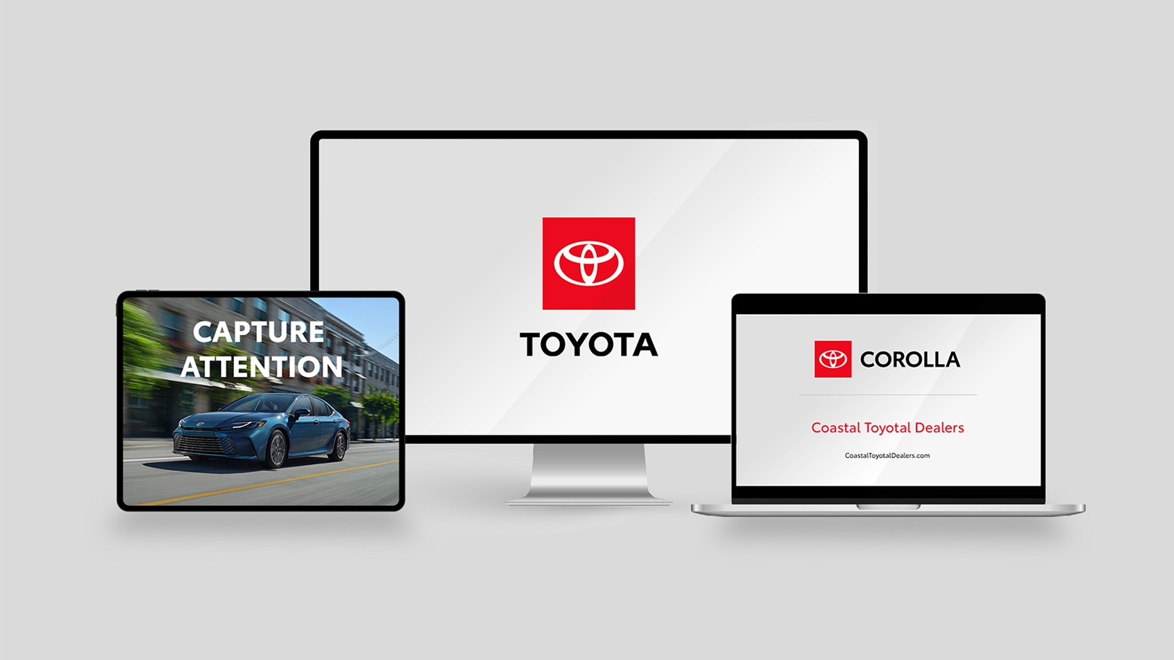 Videos of Toyota end tags and an animated super play within the screens of an iPad, computer and laptop.