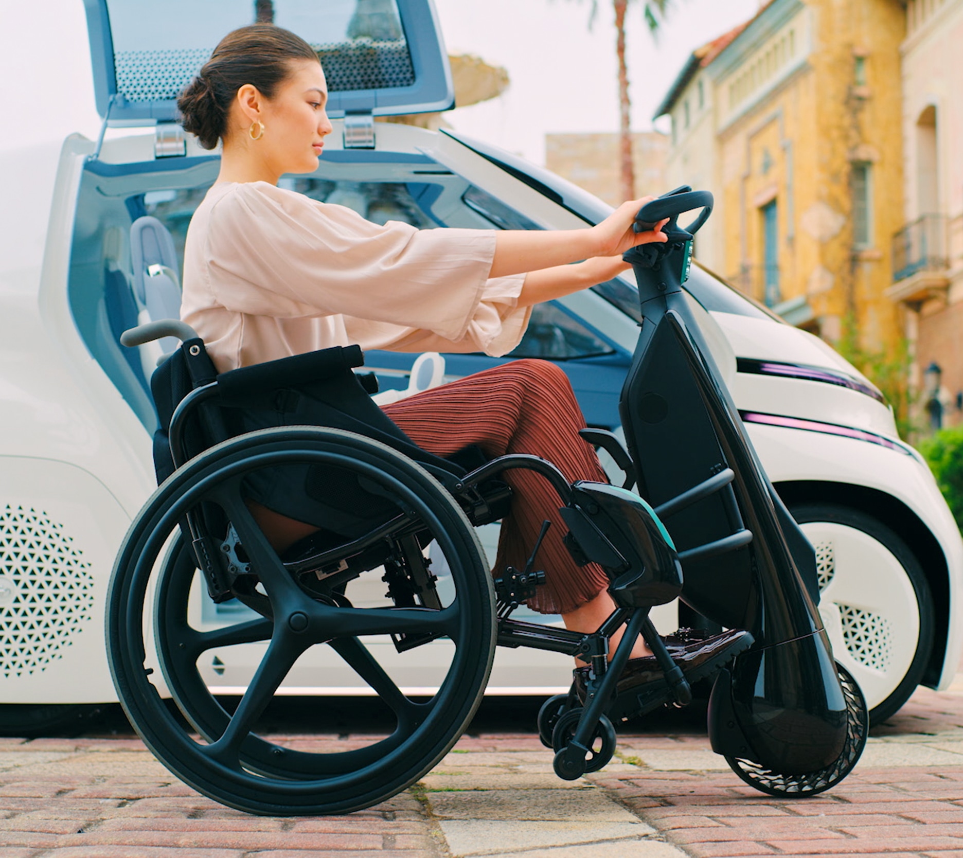 Woman in a mobility wheelchair.